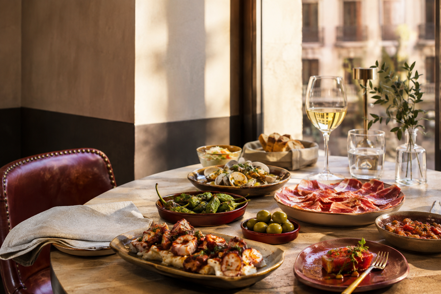 Mesa de restaurante español contemporáneo con tapas y luz natural